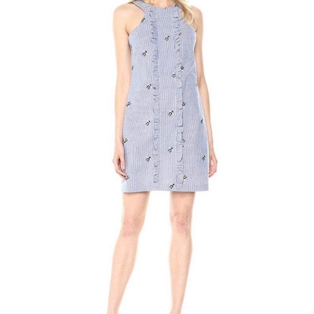 Trina Turk blue pinstripe embroidered bee ruffle front sheath midi dress